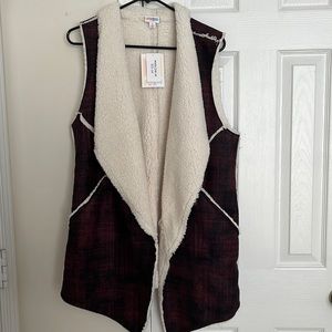 LuLaRoe Burgundy Plaid Sherpa-Lined Vest with Cream Trim
